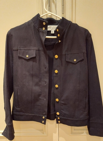 St. John sport black gold buttons stretch canvas blazer denim jacket style small - Picture 1 of 8